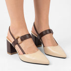 Vellouran | Women’s Pointed Block Heels with Ankle Strap and Gold Ring Detail