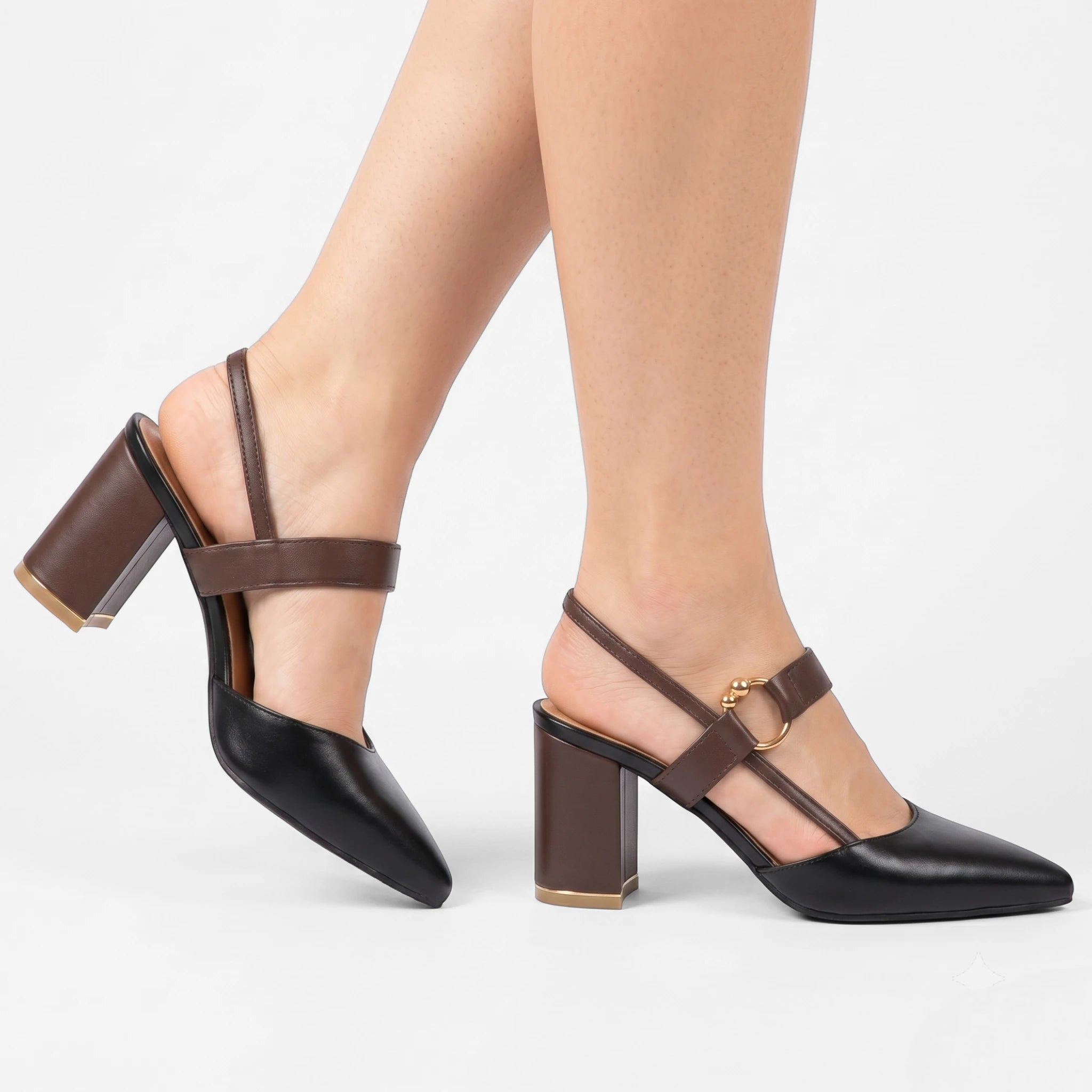 Vellouran | Women’s Pointed Block Heels with Ankle Strap and Gold Ring Detail