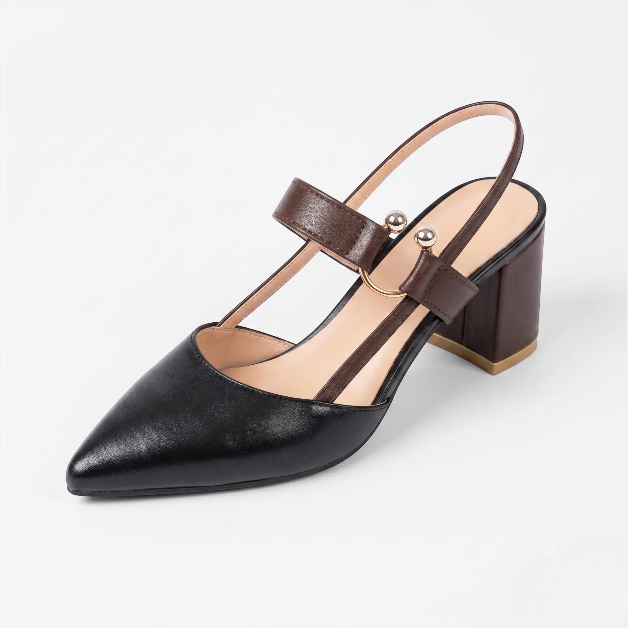 Vellouran | Women’s Pointed Block Heels with Ankle Strap and Gold Ring Detail