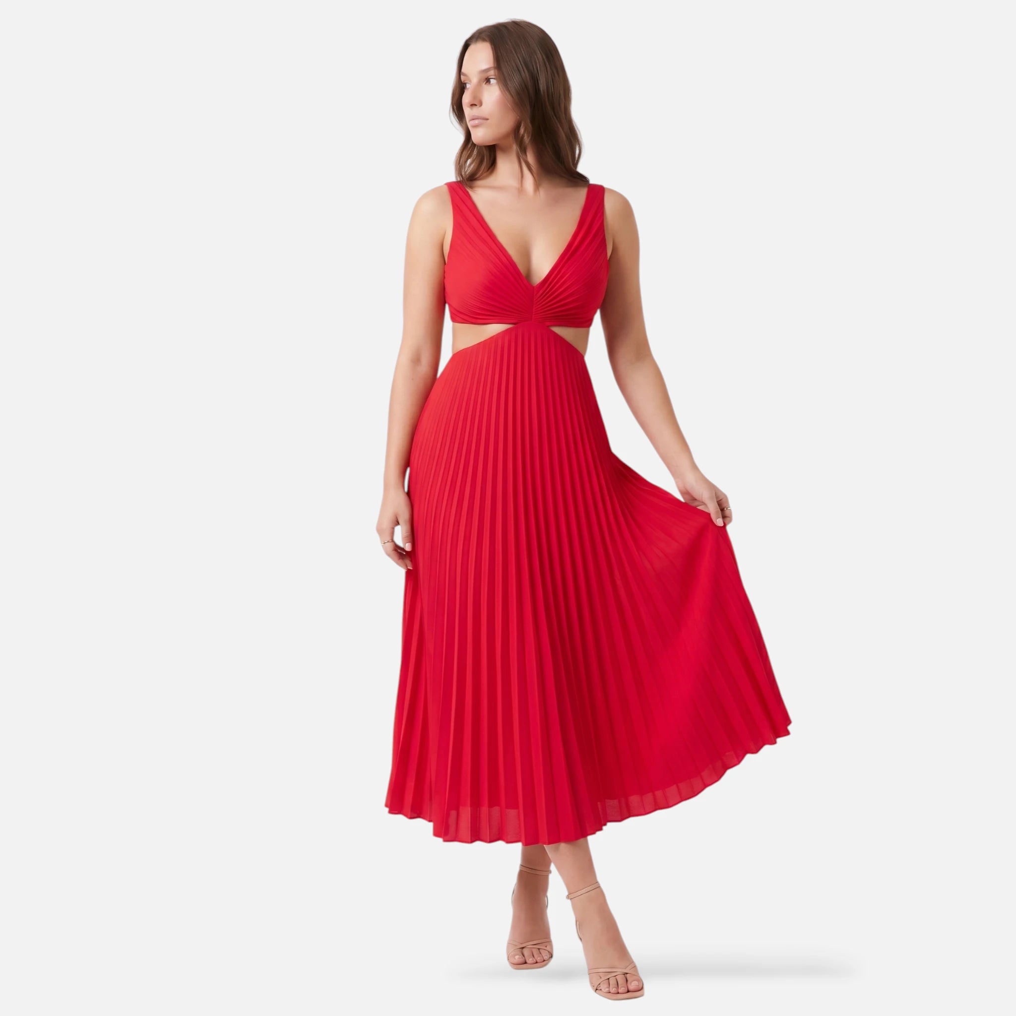 Vellouran | Women’s Satin Style Pleated Midi Dress for Occasions
