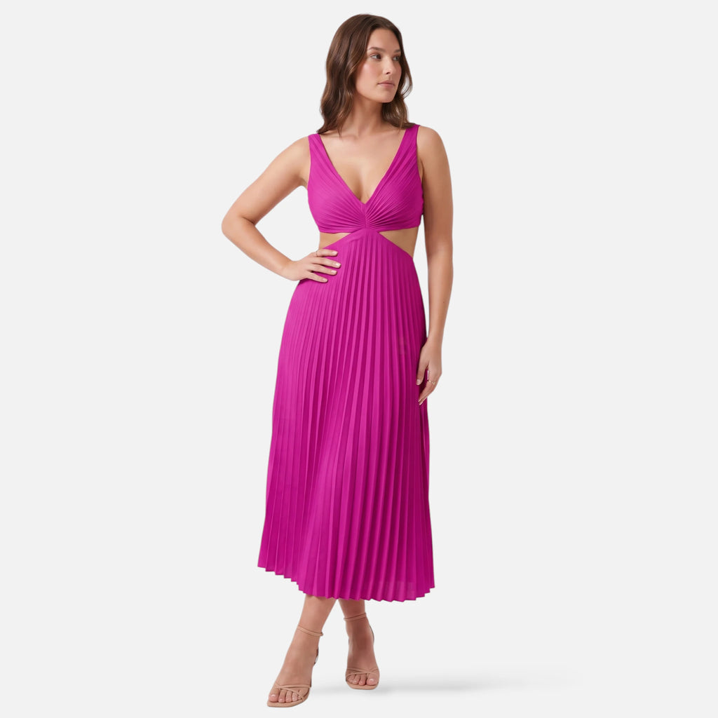 Vellouran | Women’s Satin Style Pleated Midi Dress for Occasions