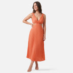 Vellouran | Women’s Satin Style Pleated Midi Dress for Occasions
