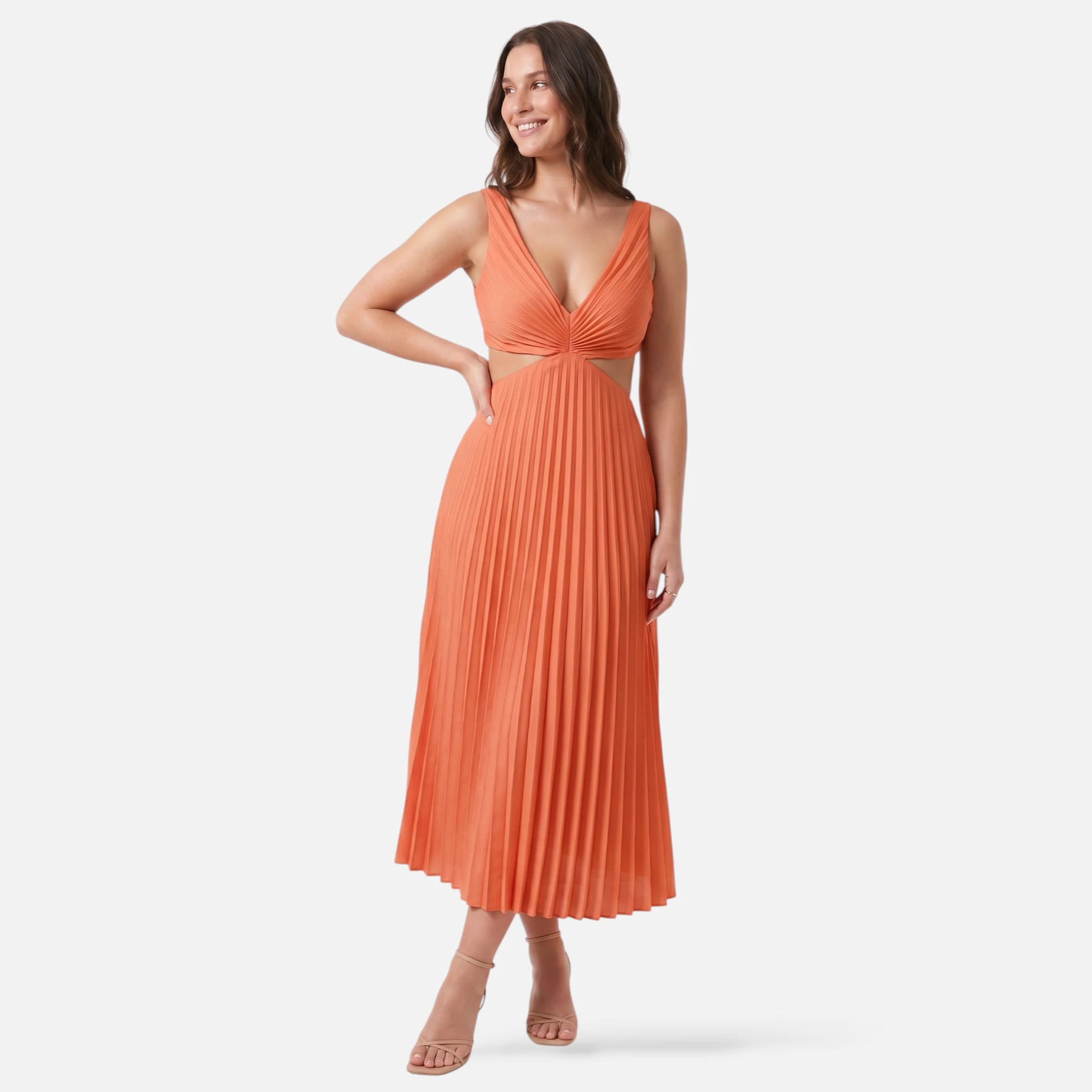 Vellouran | Women’s Satin Style Pleated Midi Dress for Occasions
