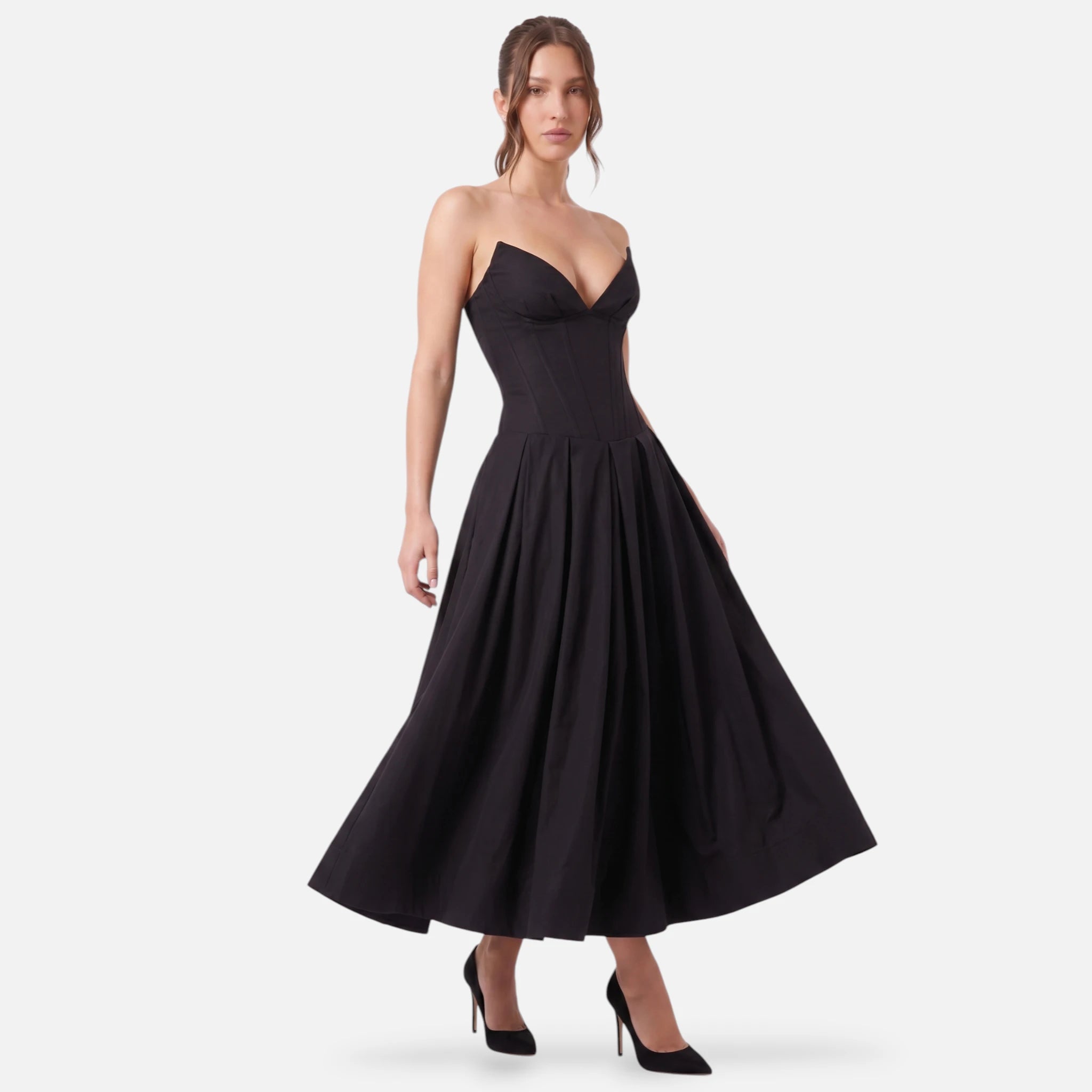 Vellouran | Women's Strapless Midi Dress - Sculpted Bodice and Voluminous Skirt