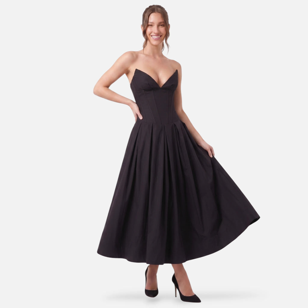 Vellouran | Women's Strapless Midi Dress - Sculpted Bodice and Voluminous Skirt