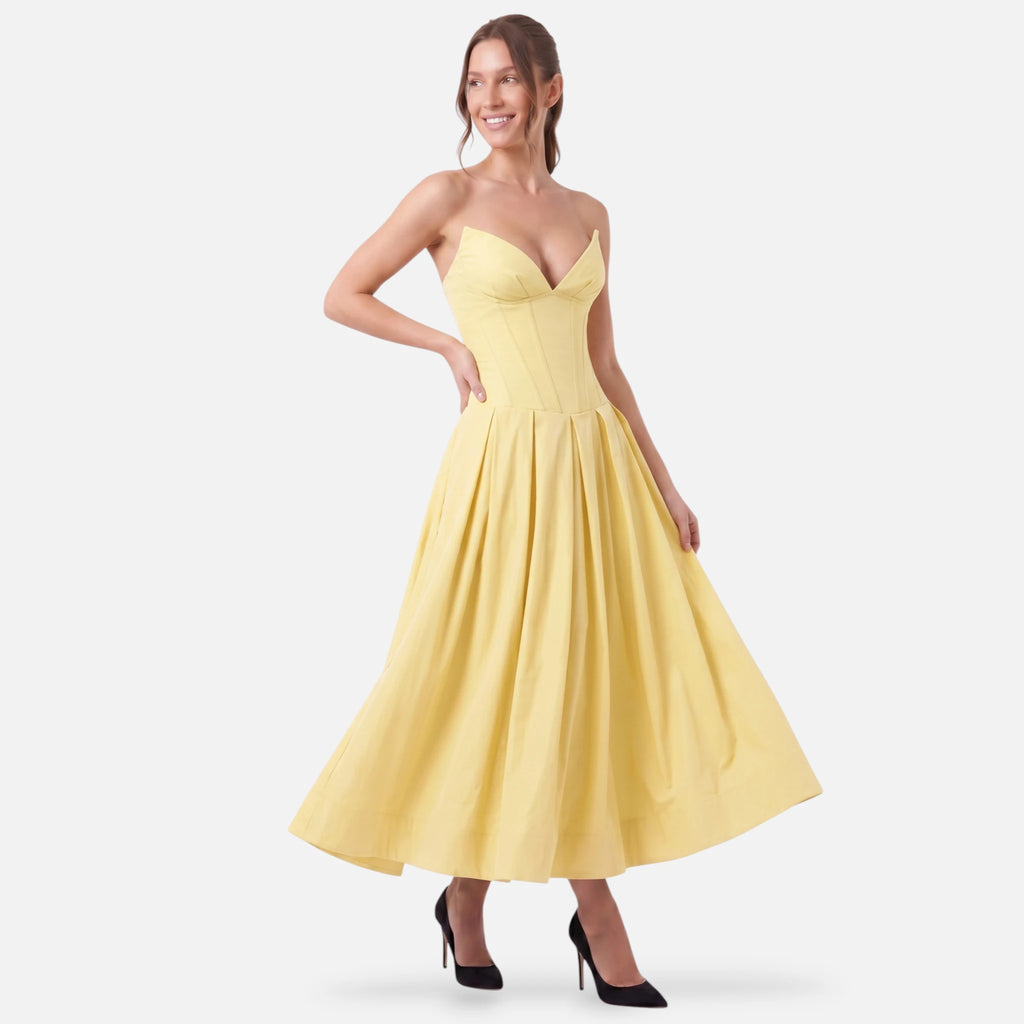 Vellouran | Women's Strapless Midi Dress - Sculpted Bodice and Voluminous Skirt