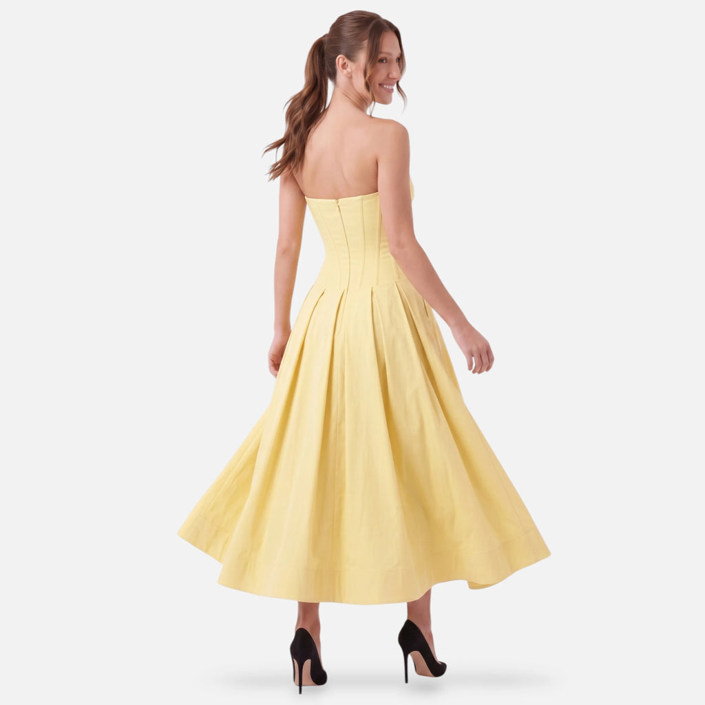 Vellouran | Women's Strapless Midi Dress - Sculpted Bodice and Voluminous Skirt