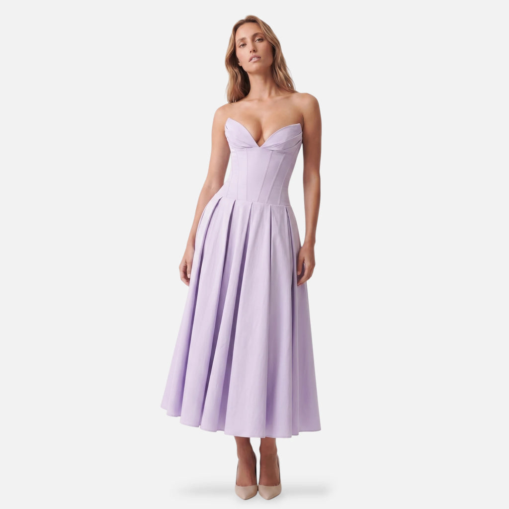 Vellouran | Women's Strapless Midi Dress - Sculpted Bodice and Voluminous Skirt