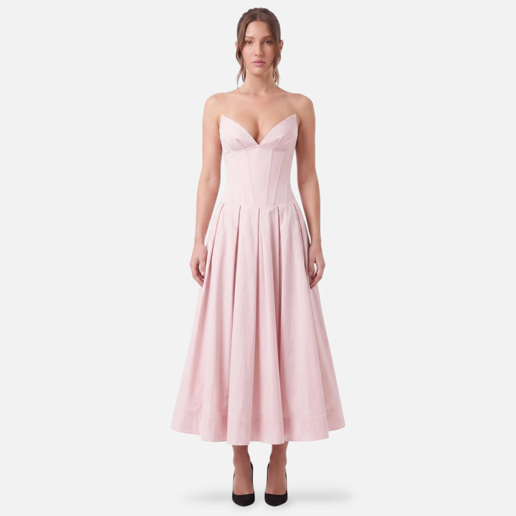 Vellouran | Women's Strapless Midi Dress - Sculpted Bodice and Voluminous Skirt