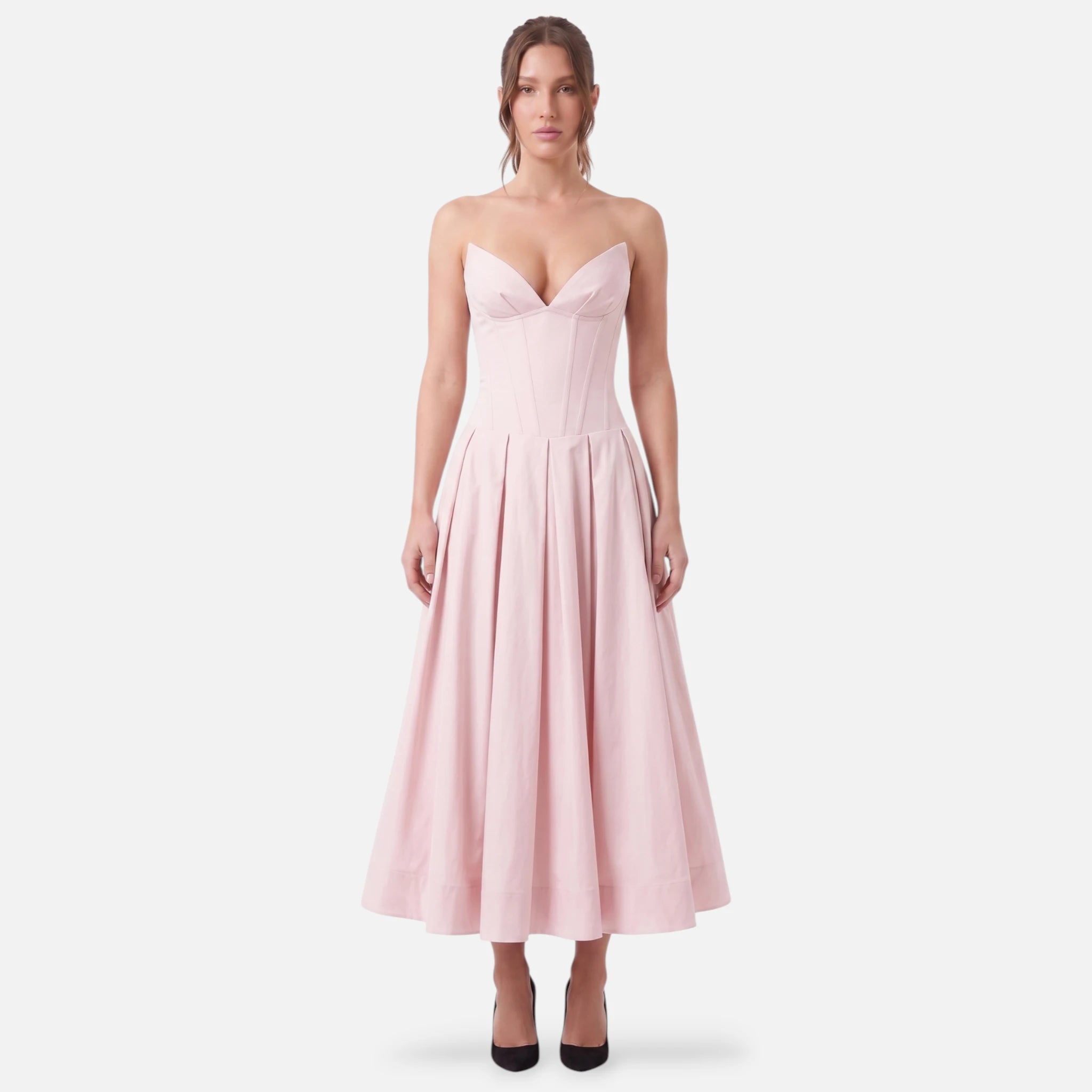 Vellouran | Women's Strapless Midi Dress - Sculpted Bodice and Voluminous Skirt