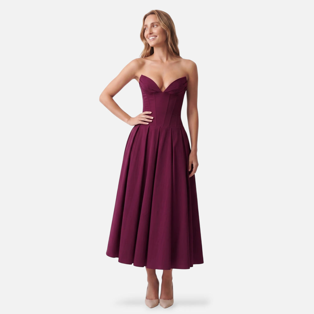 Vellouran | Women's Strapless Midi Dress - Sculpted Bodice and Voluminous Skirt