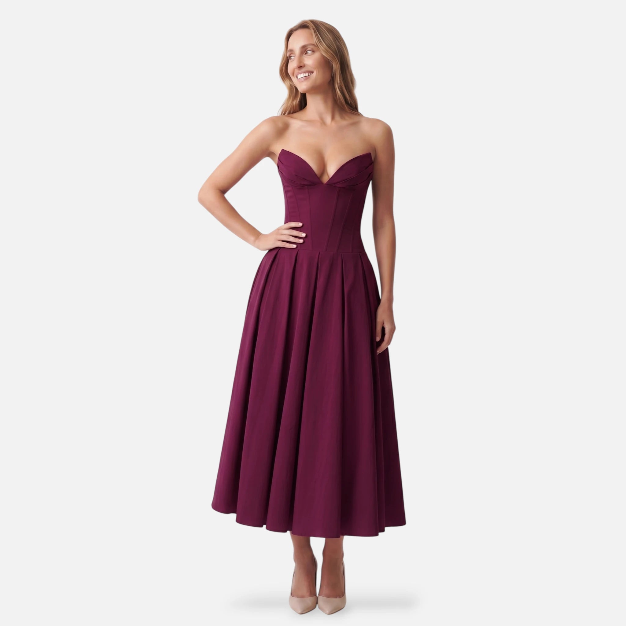 Vellouran | Women's Strapless Midi Dress - Sculpted Bodice and Voluminous Skirt