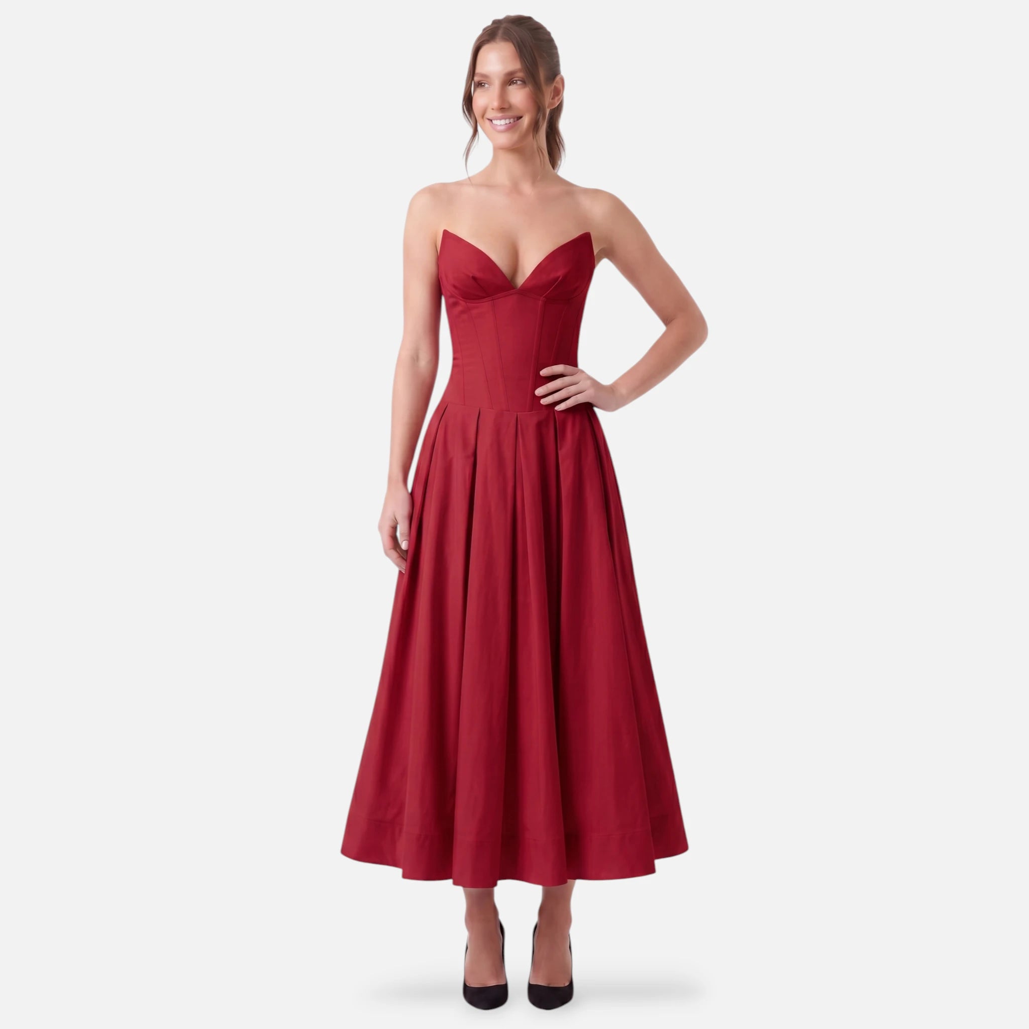 Vellouran | Women's Strapless Midi Dress - Sculpted Bodice and Voluminous Skirt