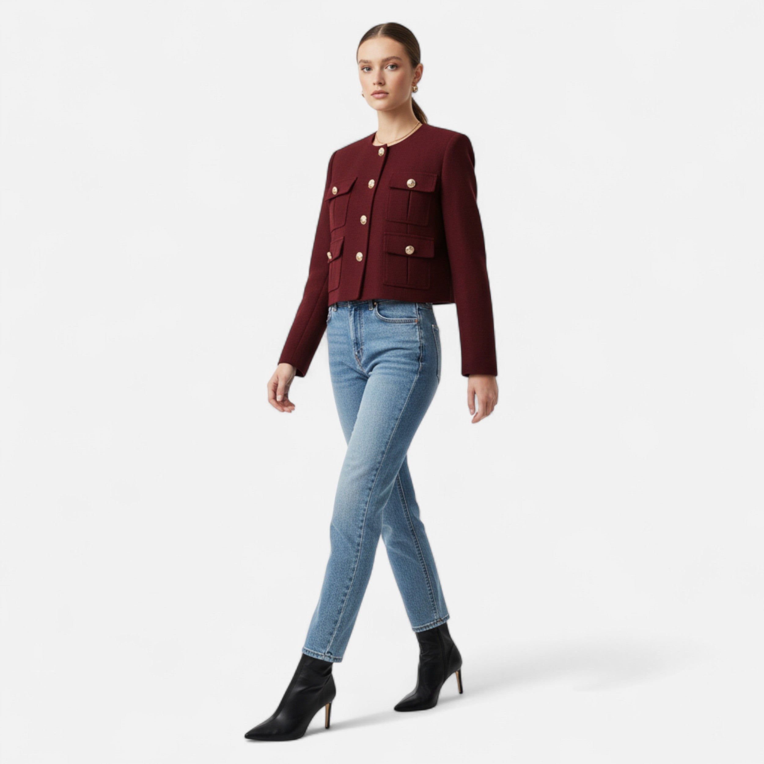 Vellouran | Women’s Burgundy Military-Style Cropped Jacket
