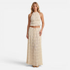 Vellouran | Women's Halter Neck Ruched Two-Piece Summer Set - Open Back Crop Top and Maxi Skirt