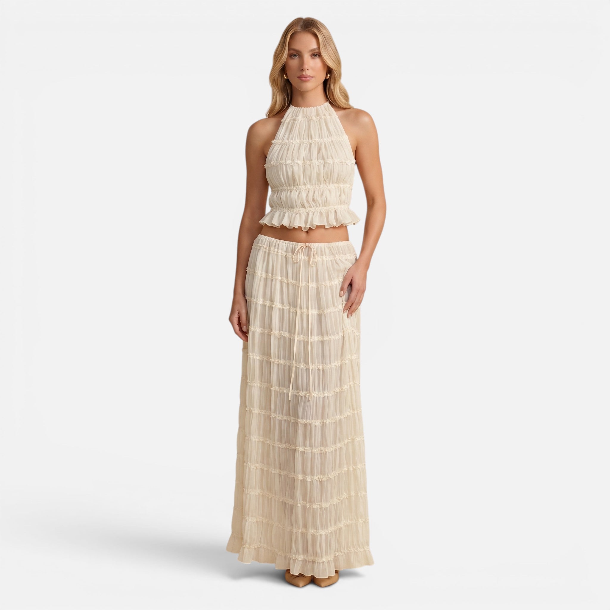 Vellouran | Women's Halter Neck Ruched Two-Piece Summer Set - Open Back Crop Top and Maxi Skirt