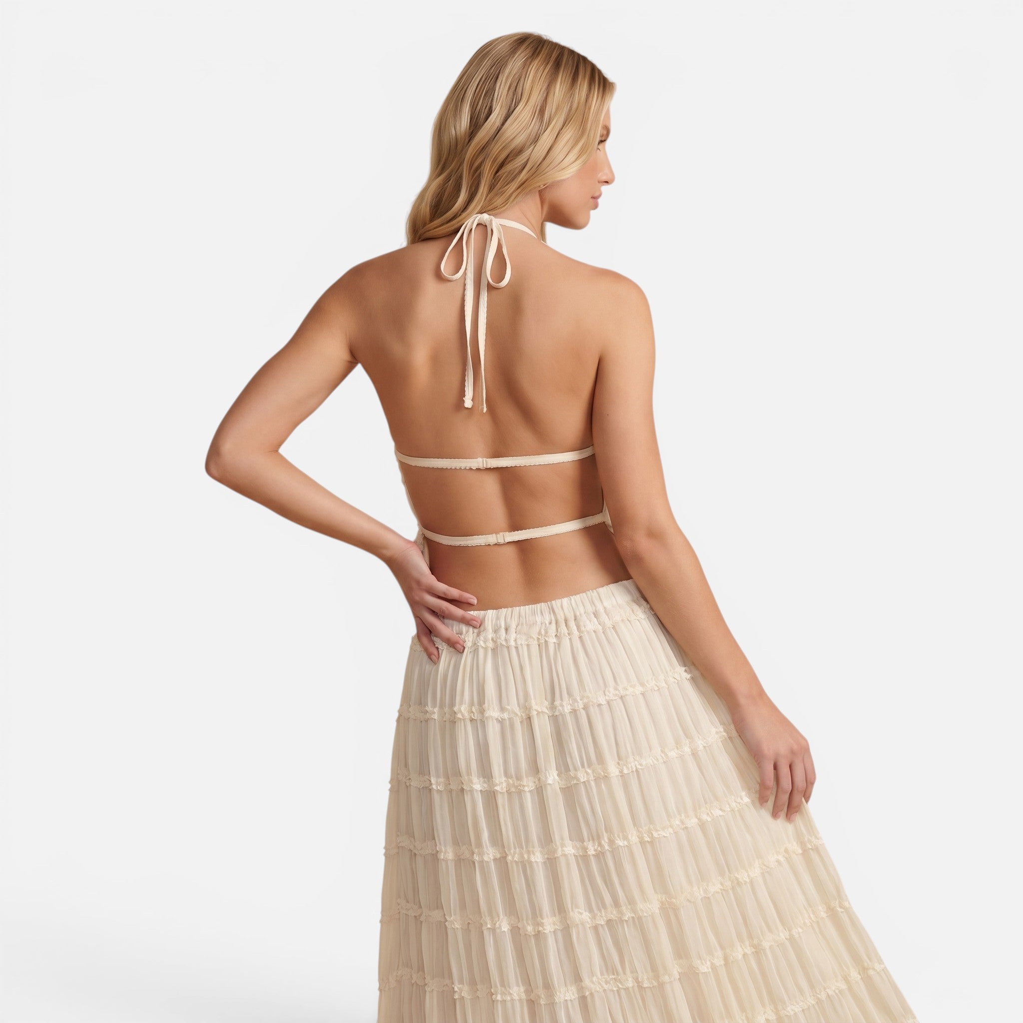 Vellouran | Women's Halter Neck Ruched Two-Piece Summer Set - Open Back Crop Top and Maxi Skirt