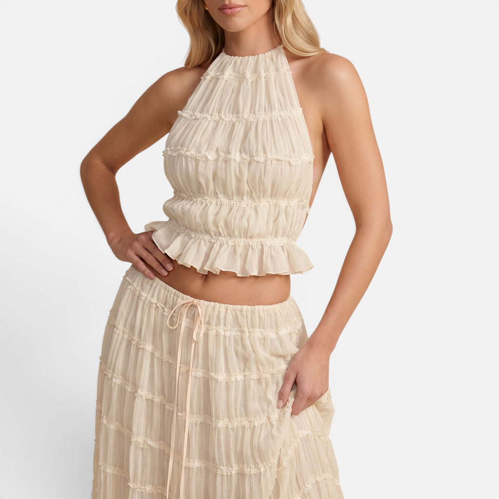 Vellouran | Women's Halter Neck Ruched Two-Piece Summer Set - Open Back Crop Top and Maxi Skirt