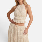 Vellouran | Women's Halter Neck Ruched Two-Piece Summer Set - Open Back Crop Top and Maxi Skirt